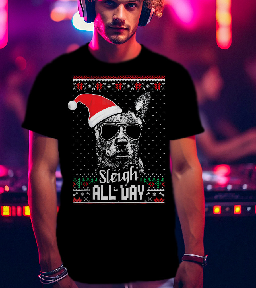 Sleigh All Day Funny Australian Cattle Dog Christmas Santa Hat Sunglasses Festive Knit T-Shirt