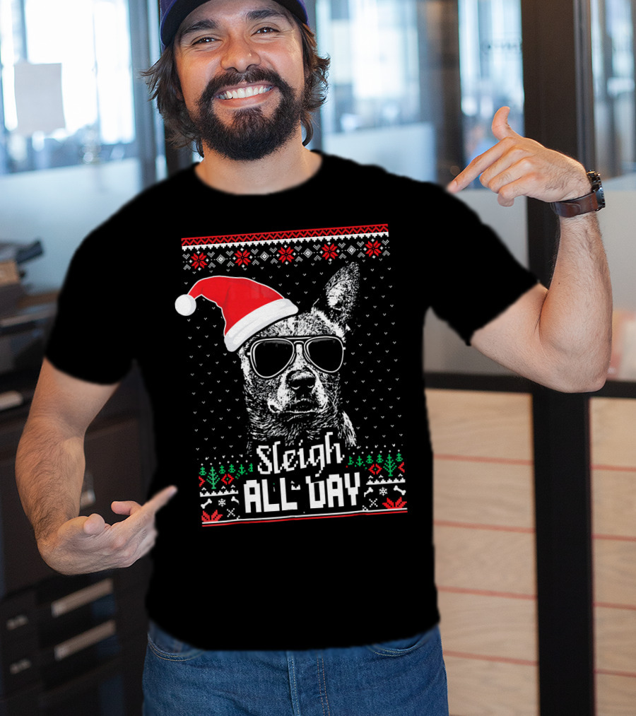 Sleigh All Day Funny Australian Cattle Dog Christmas Santa Hat Sunglasses Festive Knit T-Shirt