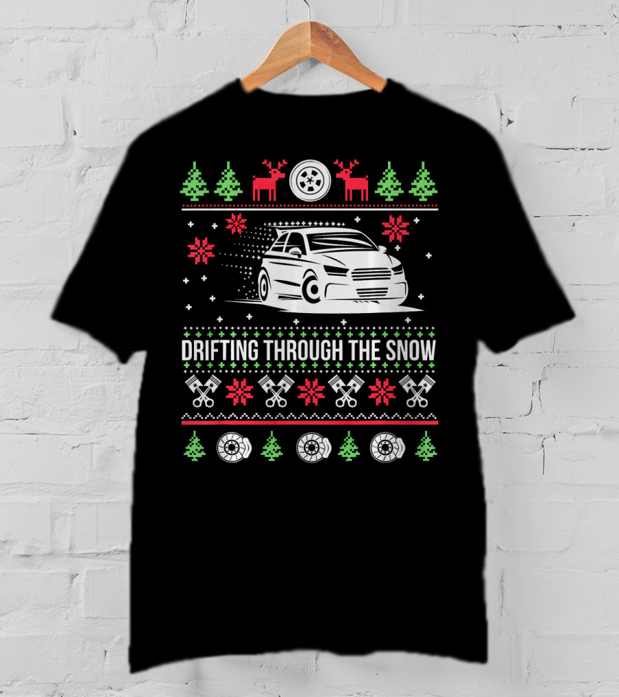 Drifting Through The Snow Christmas Car With Reindeer And Snowflakes T-Shirt