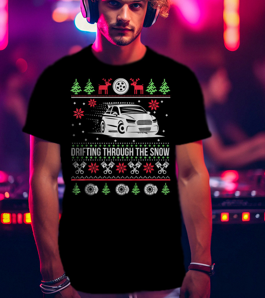 Drifting Through The Snow Christmas Car With Reindeer And Snowflakes T-Shirt