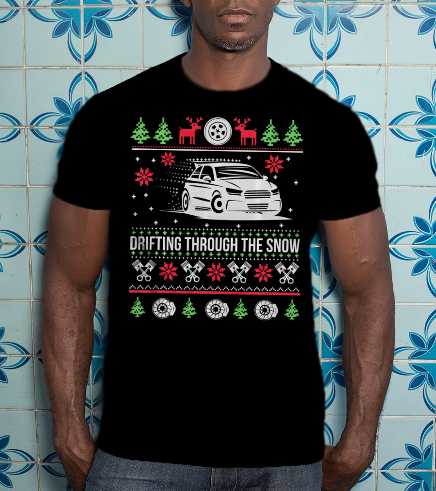 Drifting Through The Snow Christmas Car With Reindeer And Snowflakes T-Shirt