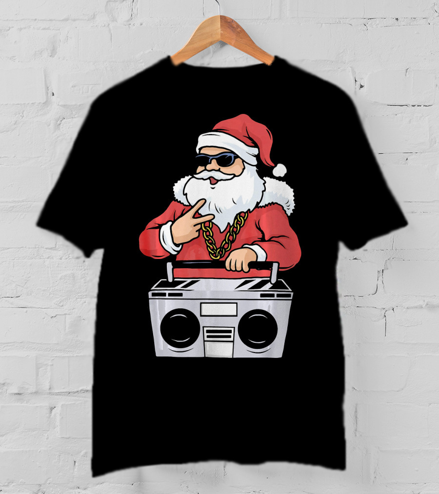 Santa Claus Rapper Style With Boombox And Bling T-Shirt