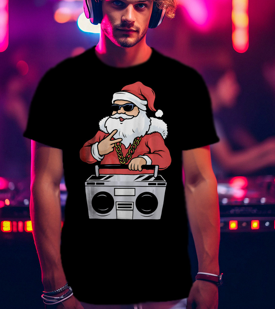 Santa Claus Rapper Style With Boombox And Bling T-Shirt