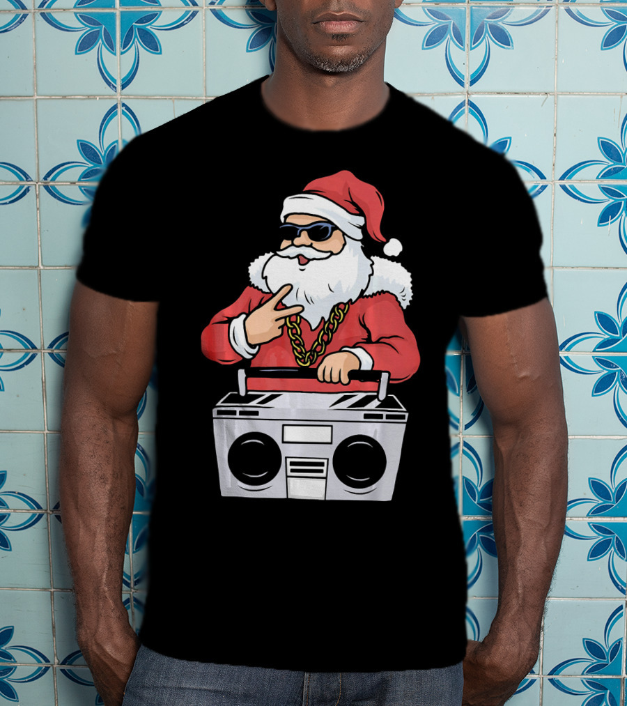 Santa Claus Rapper Style With Boombox And Bling T-Shirt