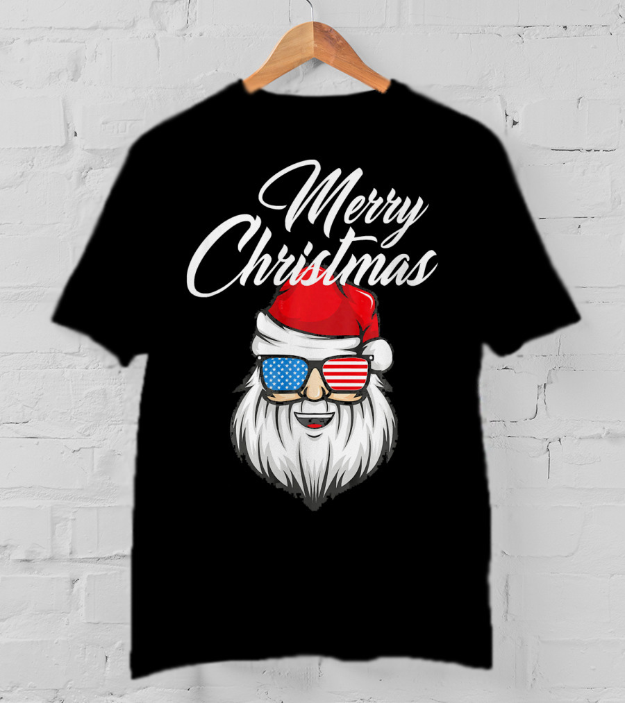 Merry Christmas Santa Claus Patriotic US Flag Sunglasses T-Shirt