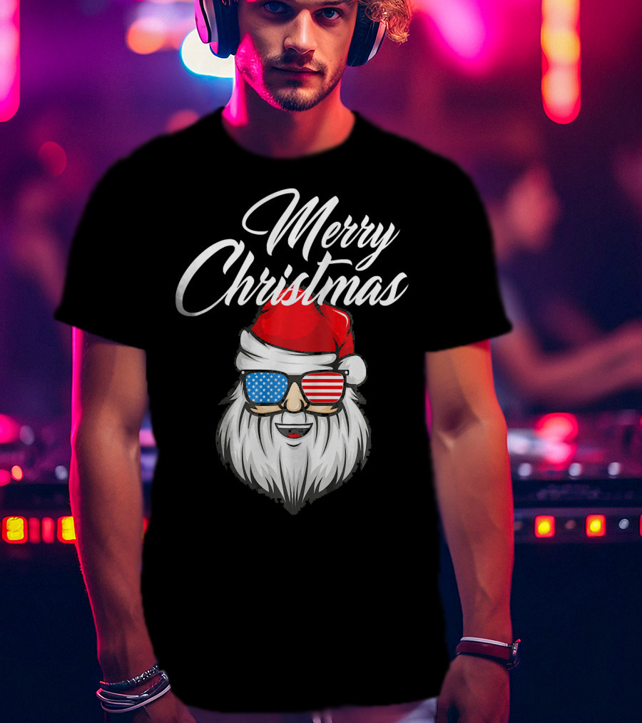 Merry Christmas Santa Claus Patriotic US Flag Sunglasses T-Shirt