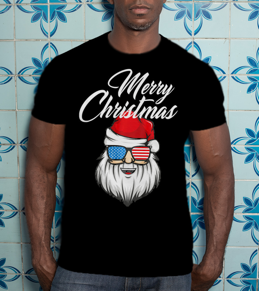 Merry Christmas Santa Claus Patriotic US Flag Sunglasses T-Shirt