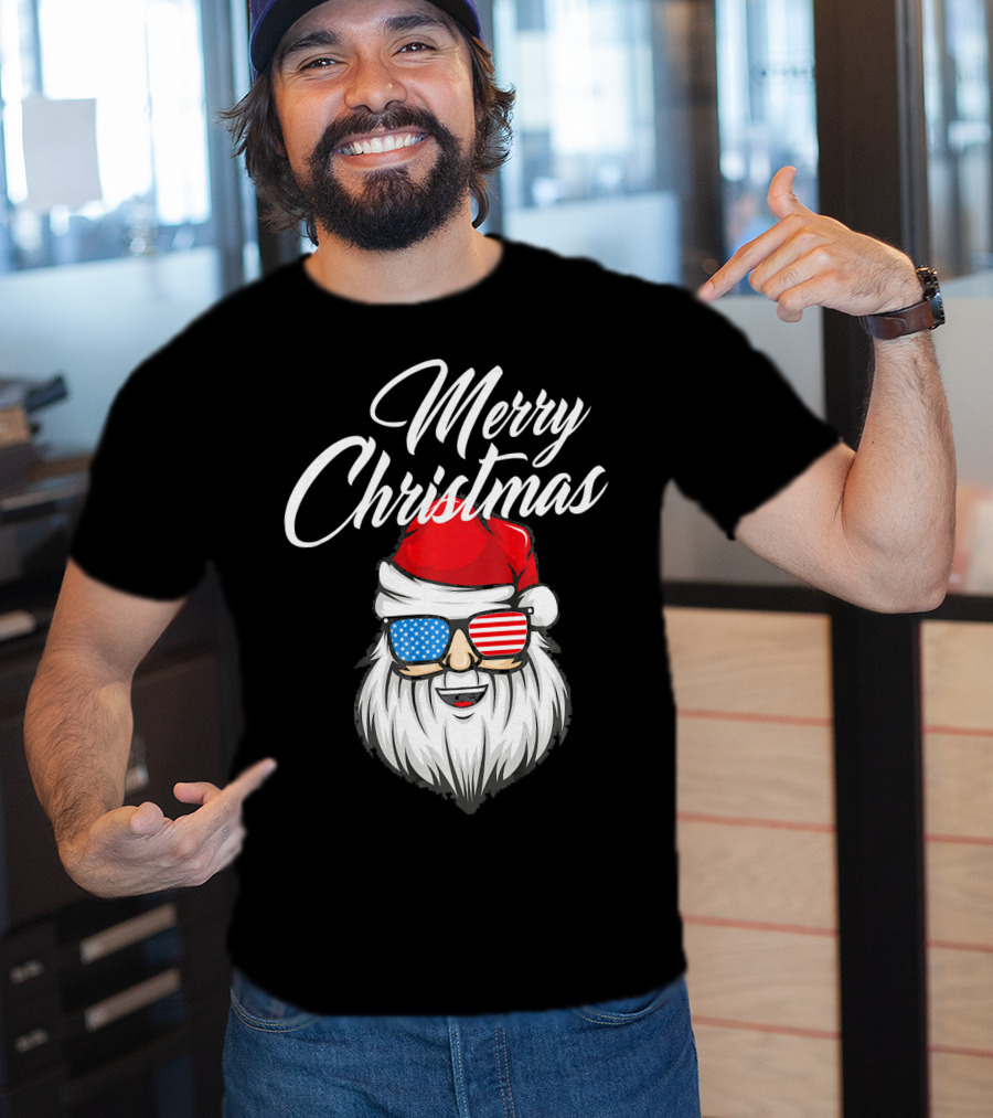 Merry Christmas Santa Claus Patriotic US Flag Sunglasses T-Shirt