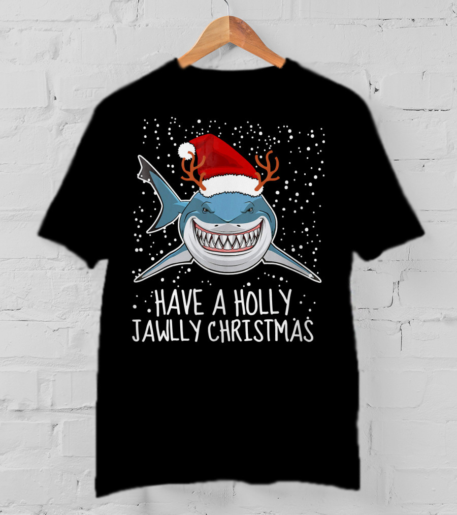 Have A Holly Jawlly Christmas Shark Santa Hat Reindeer Antlers T-Shirt