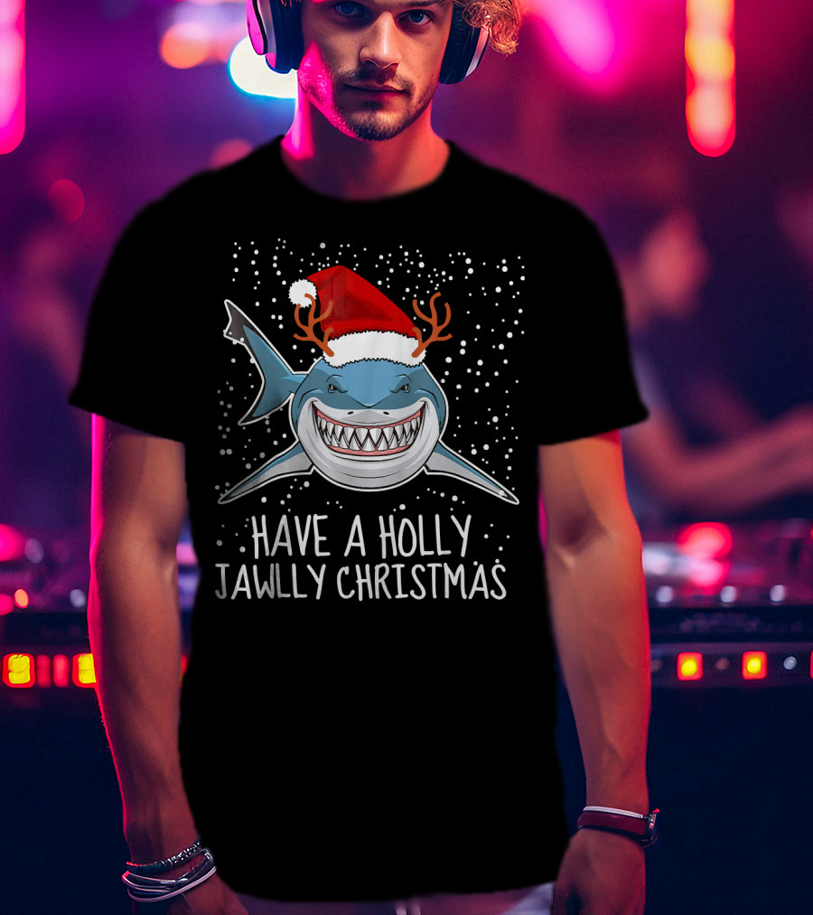Have A Holly Jawlly Christmas Shark Santa Hat Reindeer Antlers T-Shirt