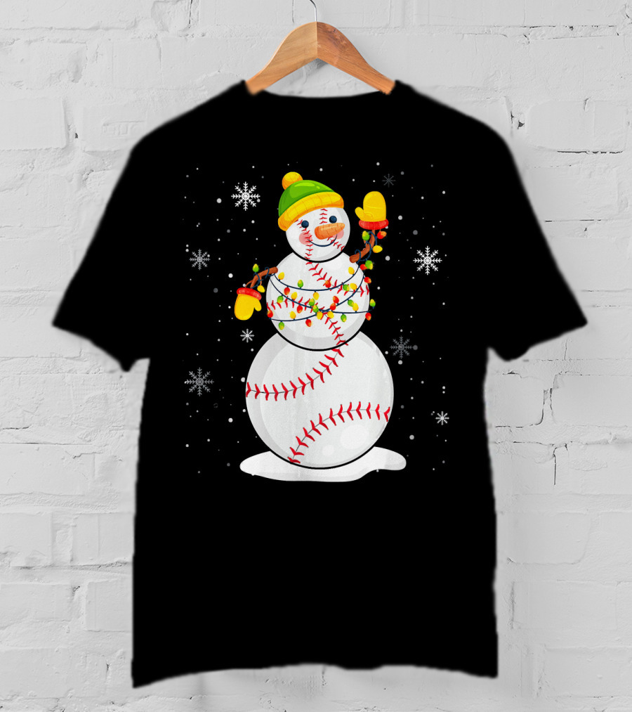 Christmas Snowman With Baseball Stitching And Santa Hat T-Shirt