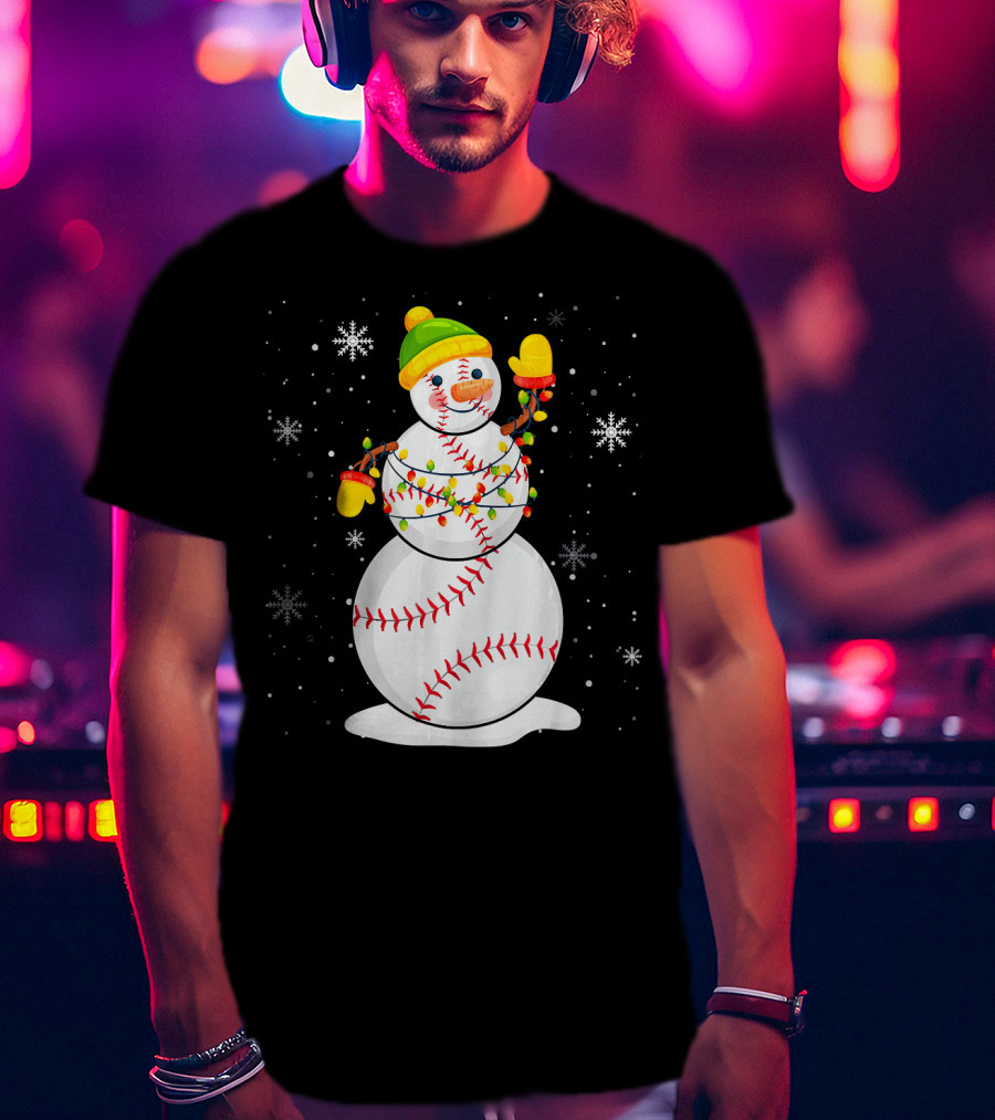 Christmas Snowman With Baseball Stitching And Santa Hat T-Shirt