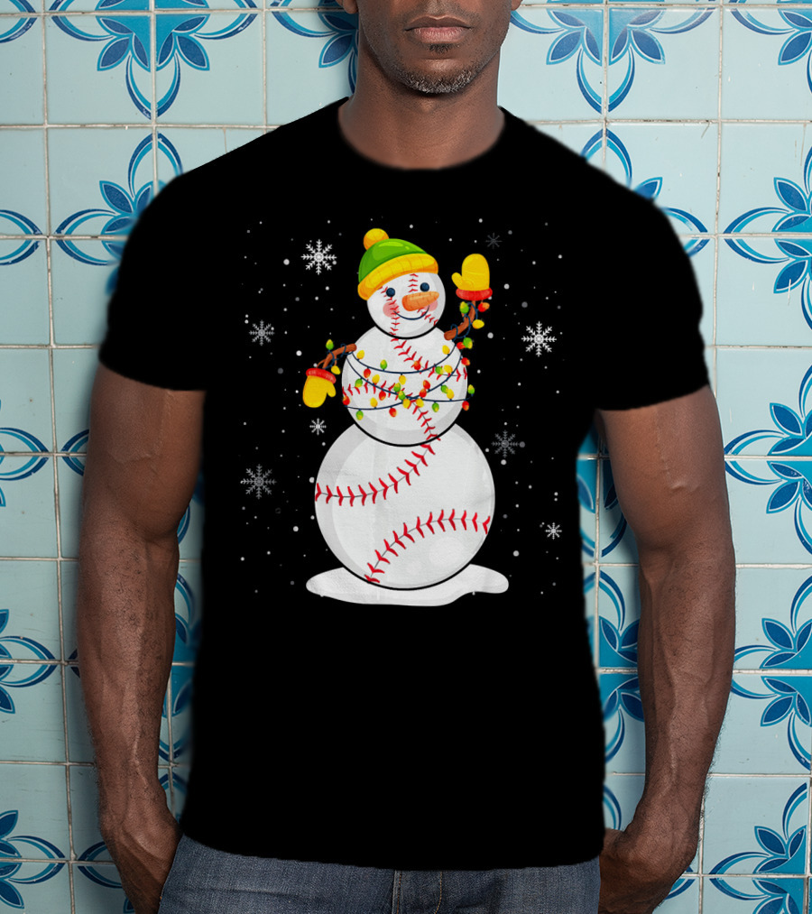 Christmas Snowman With Baseball Stitching And Santa Hat T-Shirt