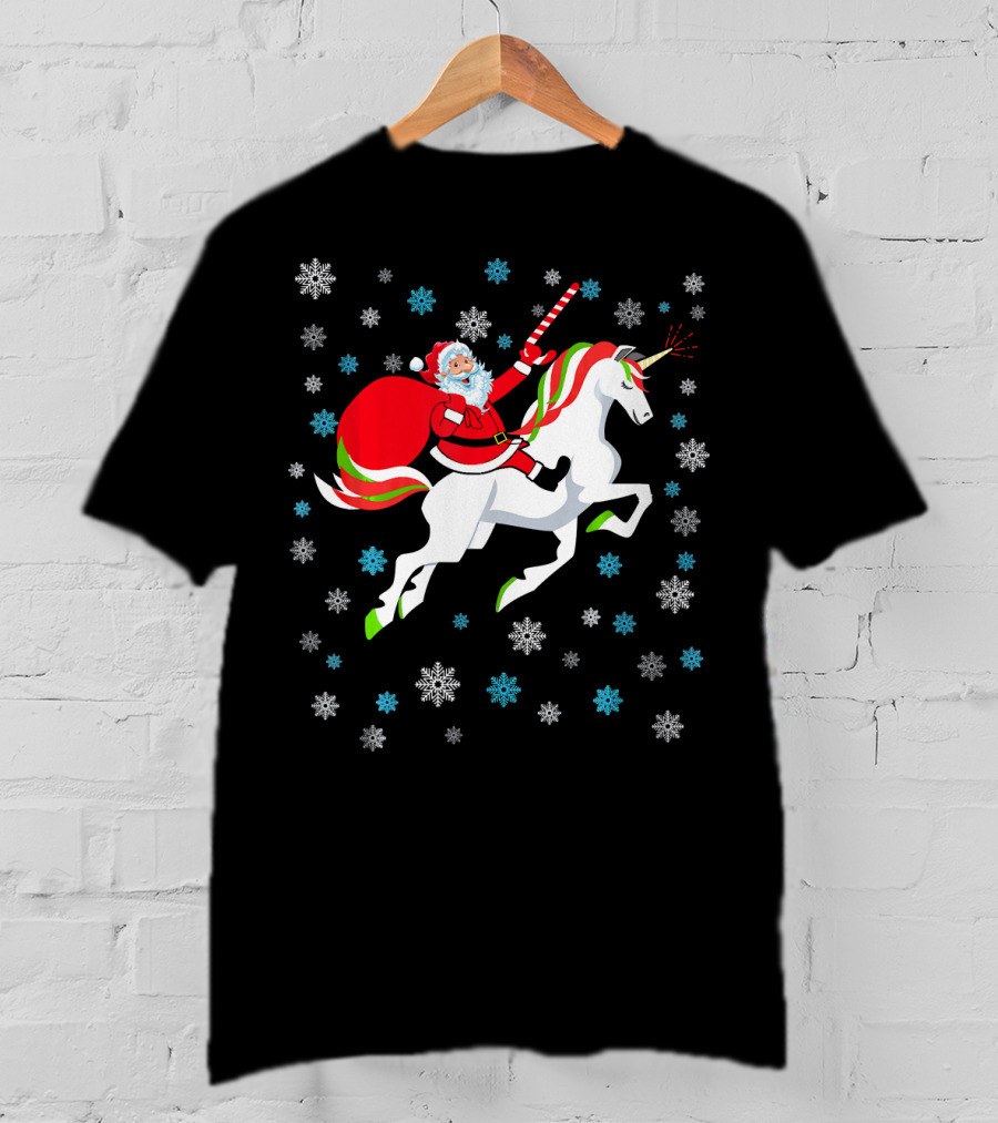 Christmas Unicorn Santa Riding Through Snowflakes T-Shirt