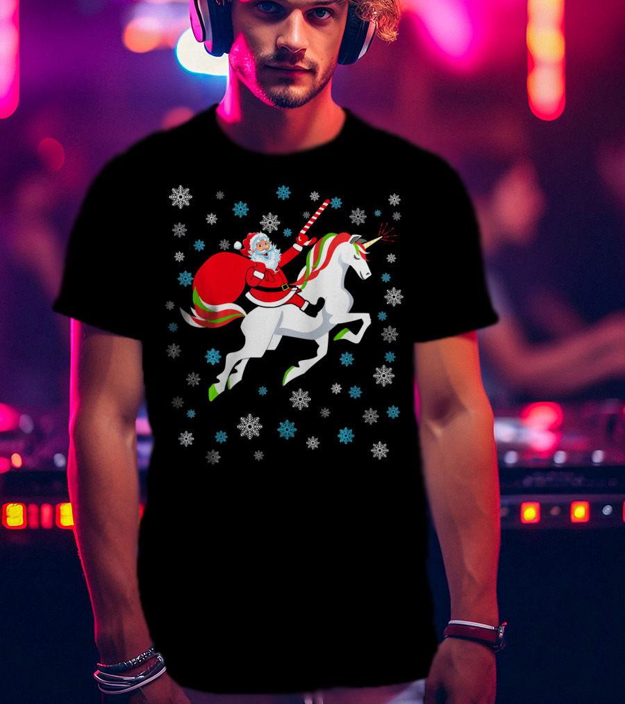 Christmas Unicorn Santa Riding Through Snowflakes T-Shirt
