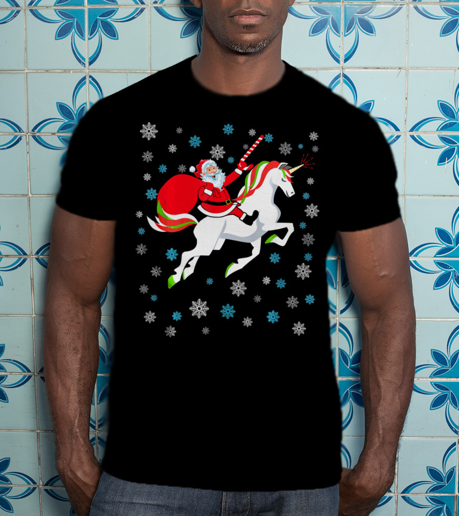 Christmas Unicorn Santa Riding Through Snowflakes T-Shirt
