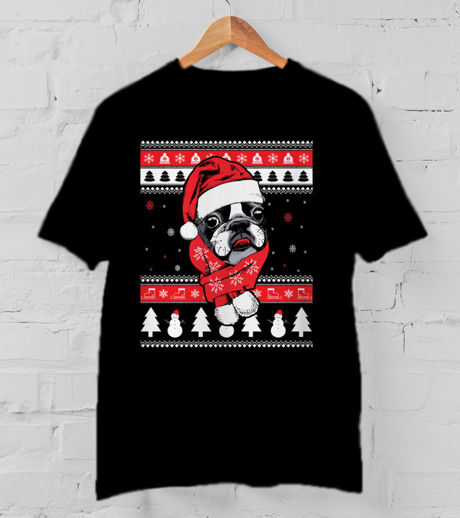 Funny Boston Terrier Christmas Santa Sweater Festive Dog T-Shirt