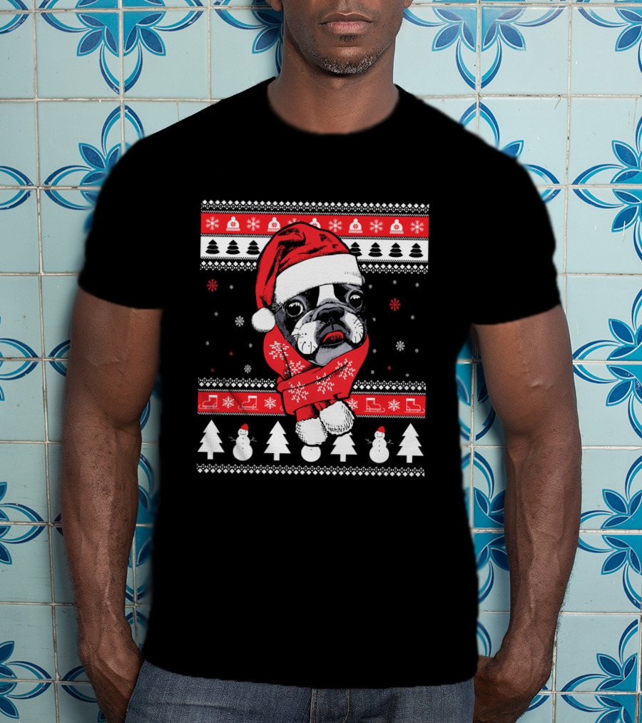 Funny Boston Terrier Christmas Santa Sweater Festive Dog T-Shirt
