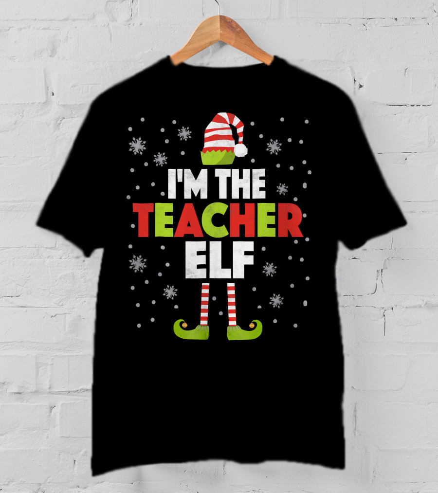 I'm The Teacher Elf Striped Hat And Shoes Snowflakes T-Shirt