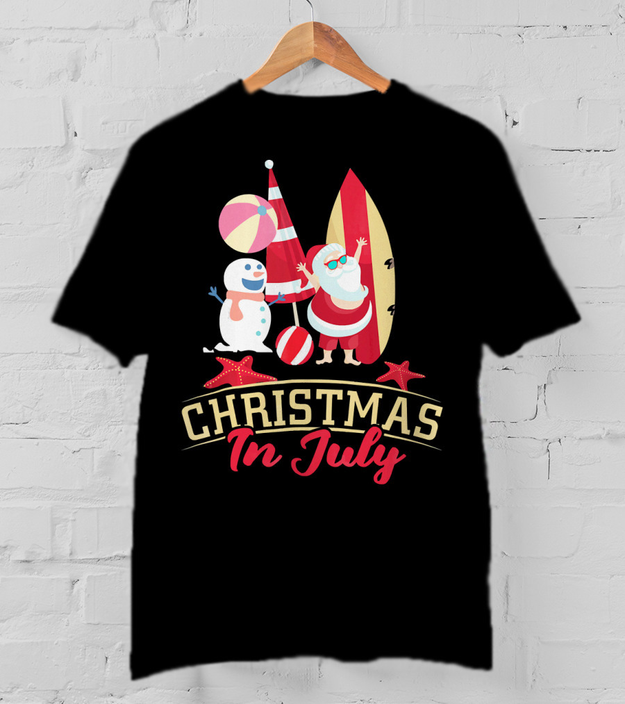 Christmas In July Santa Surfing Snowman Beach Ball T-Shirt