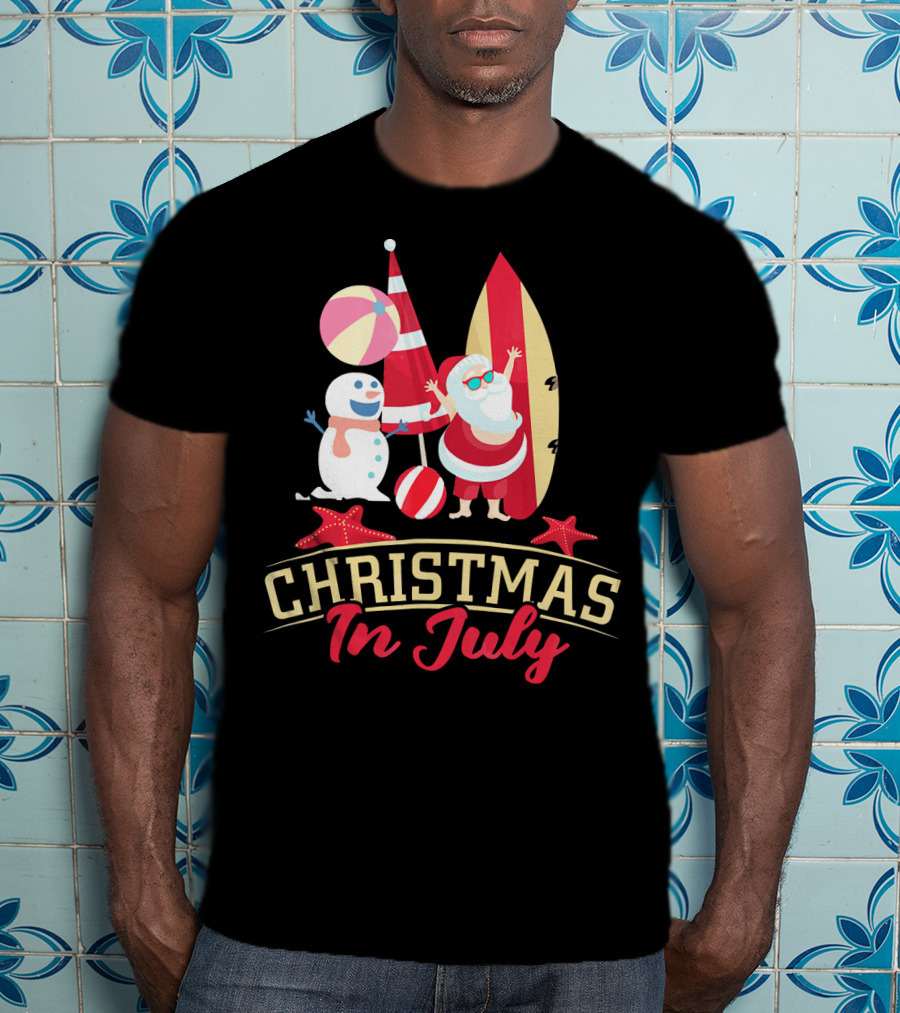 Christmas In July Santa Surfing Snowman Beach Ball T-Shirt