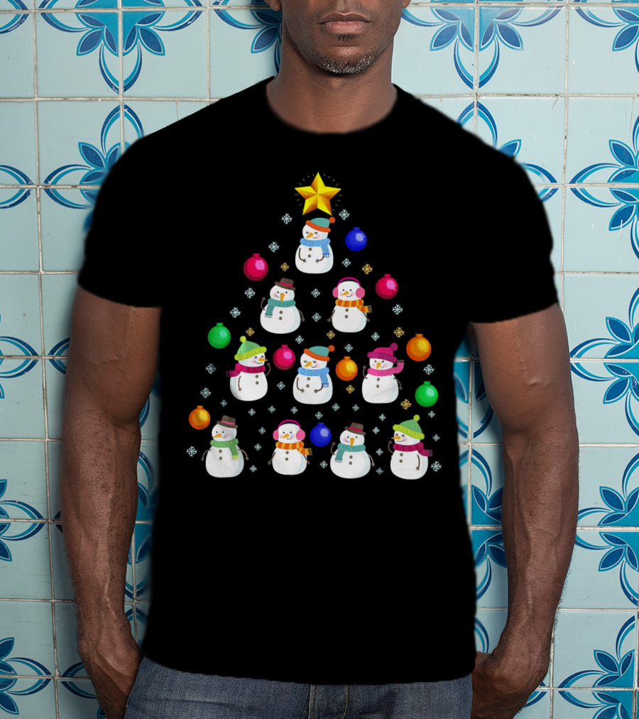 Funny Snowman Christmas Tree Ornament With Colorful Baubles And Star T-Shirt