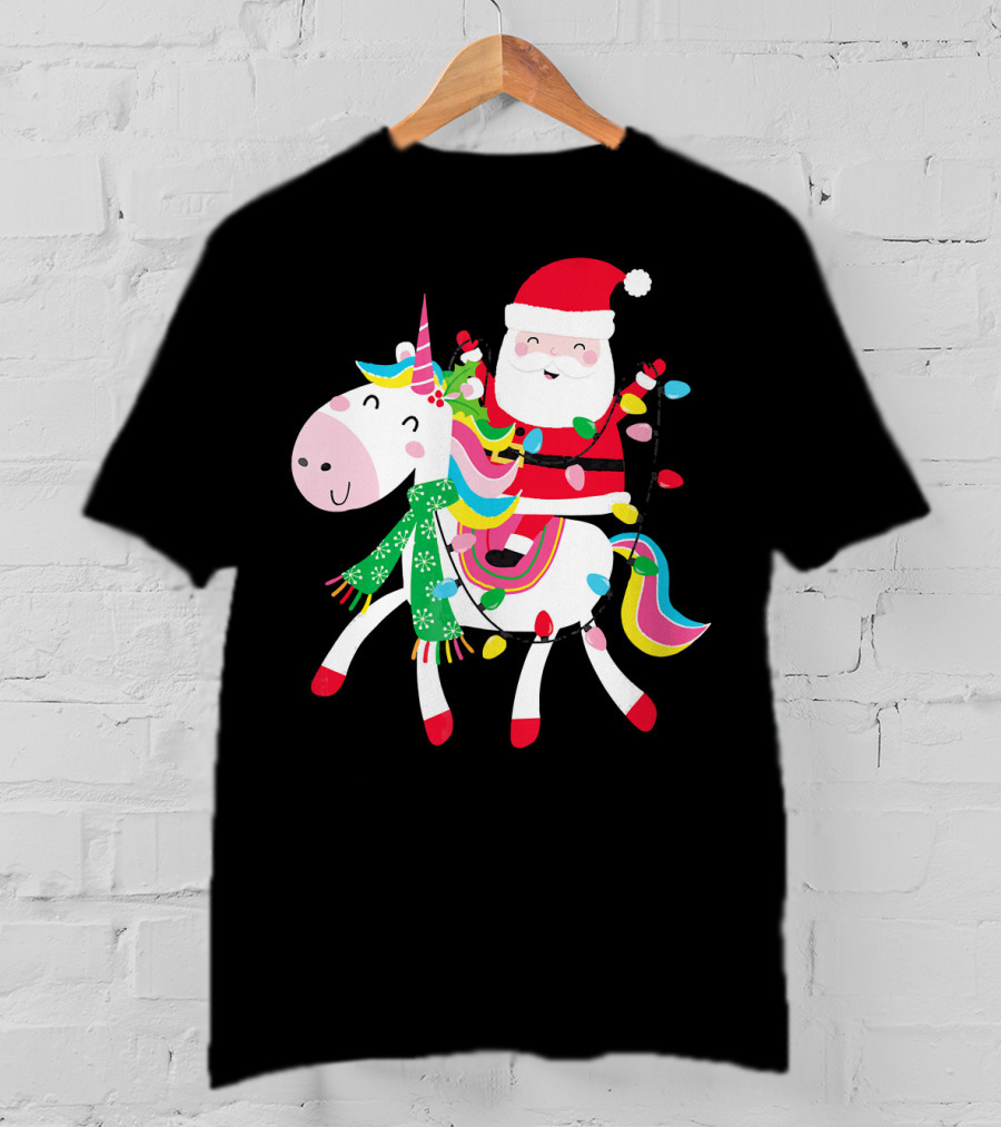 Santa Claus Riding Unicorn With Christmas Lights And Scarf T-Shirt