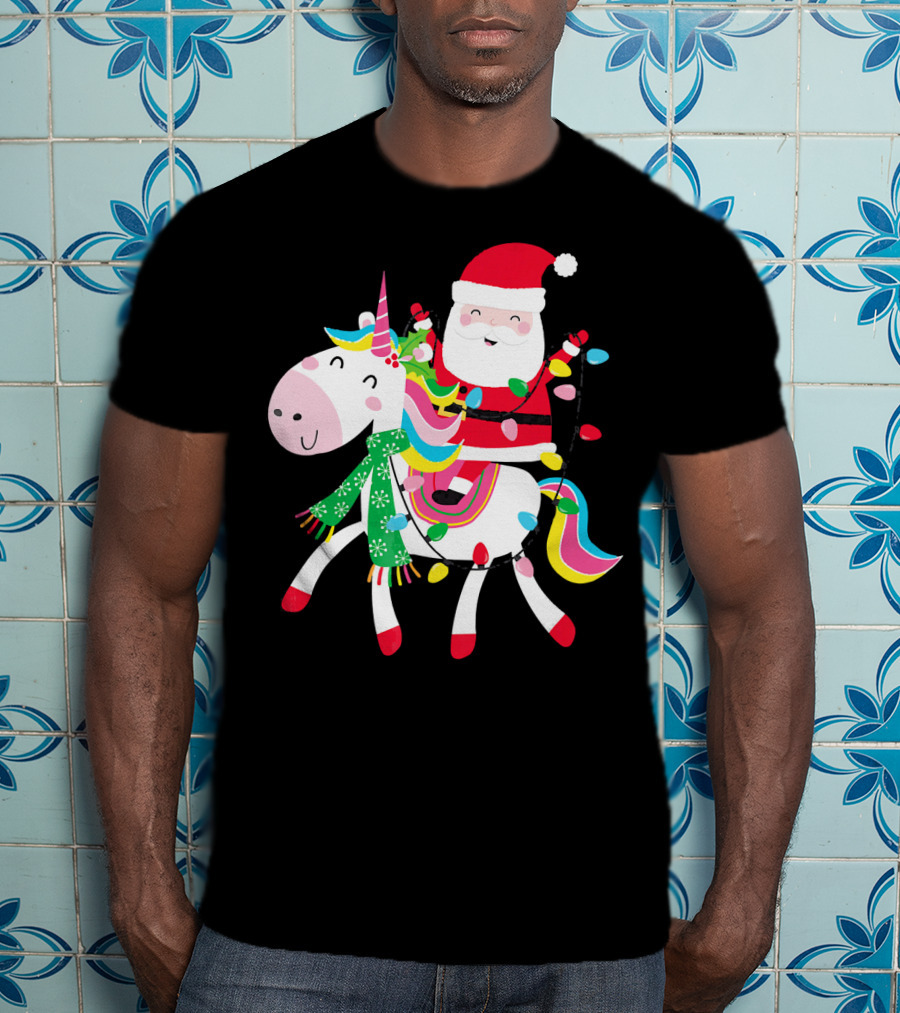 Santa Claus Riding Unicorn With Christmas Lights And Scarf T-Shirt