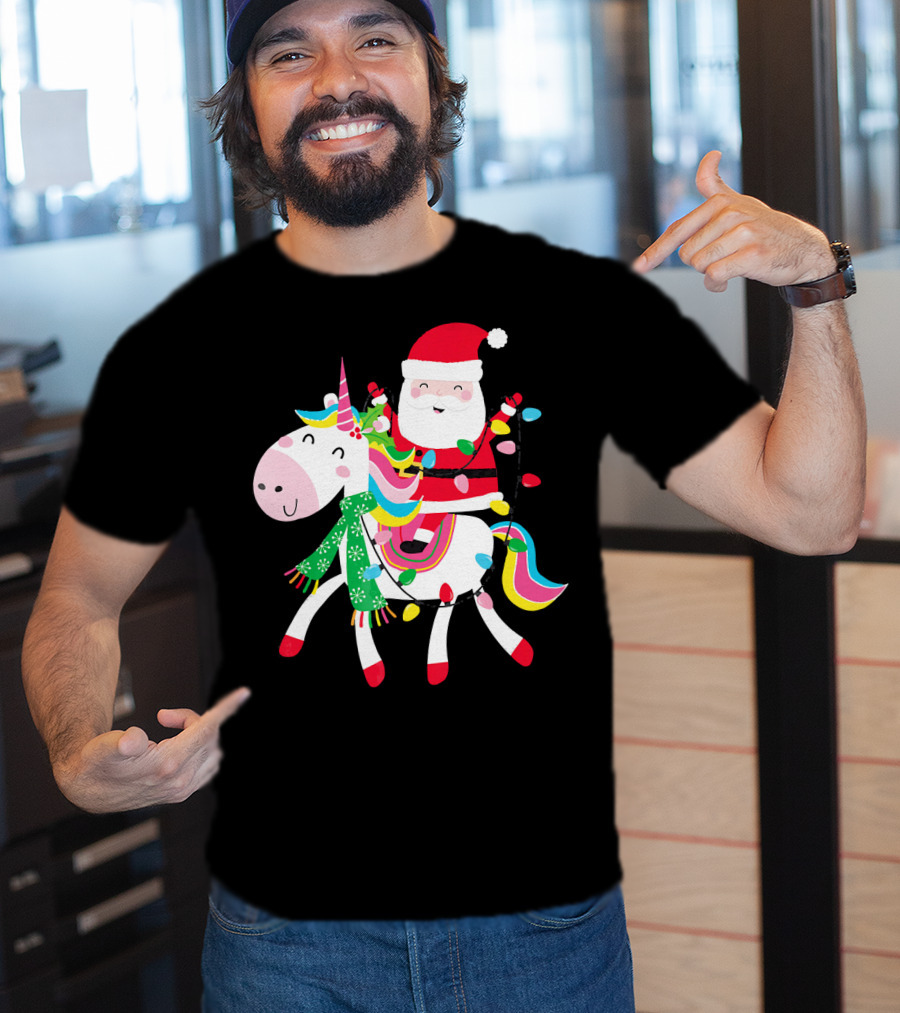 Santa Claus Riding Unicorn With Christmas Lights And Scarf T-Shirt
