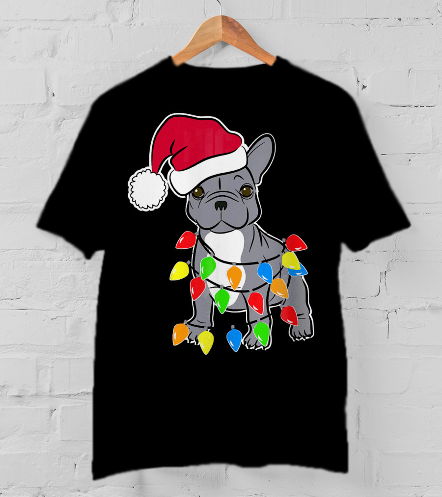 Santa French Bulldog With Christmas Lights T-Shirt