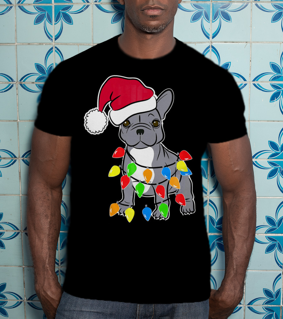 Santa French Bulldog With Christmas Lights T-Shirt