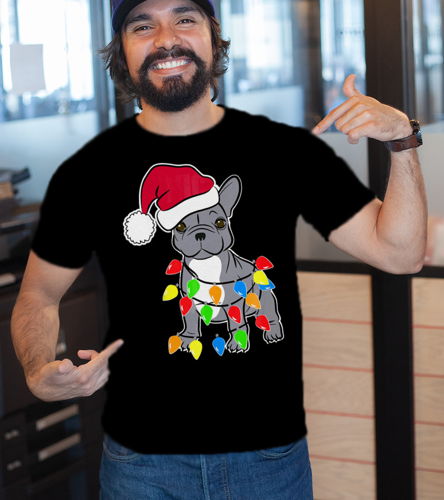 Santa French Bulldog With Christmas Lights T-Shirt