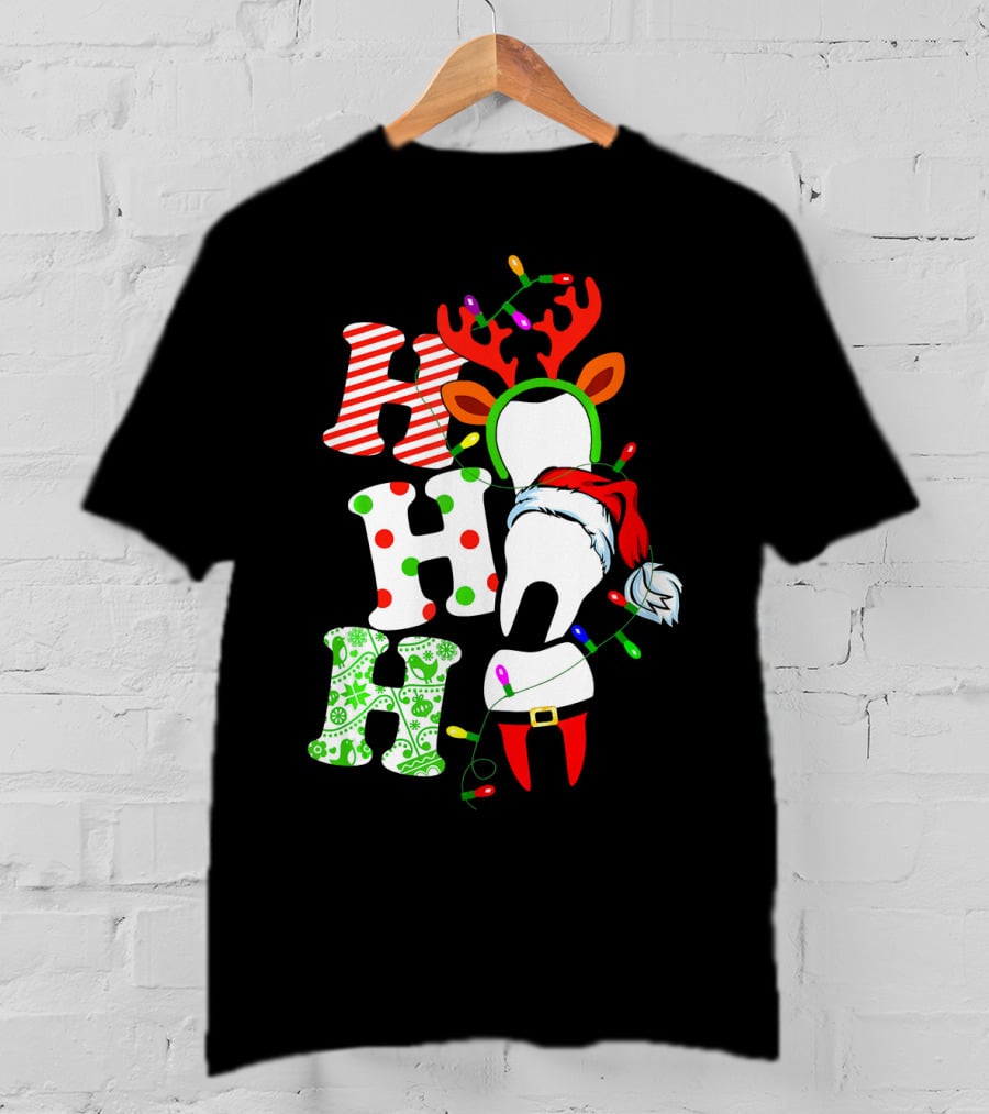 Ho Ho Ho Funny Santa Teeth Christmas Lights Reindeer Antlers T-Shirt