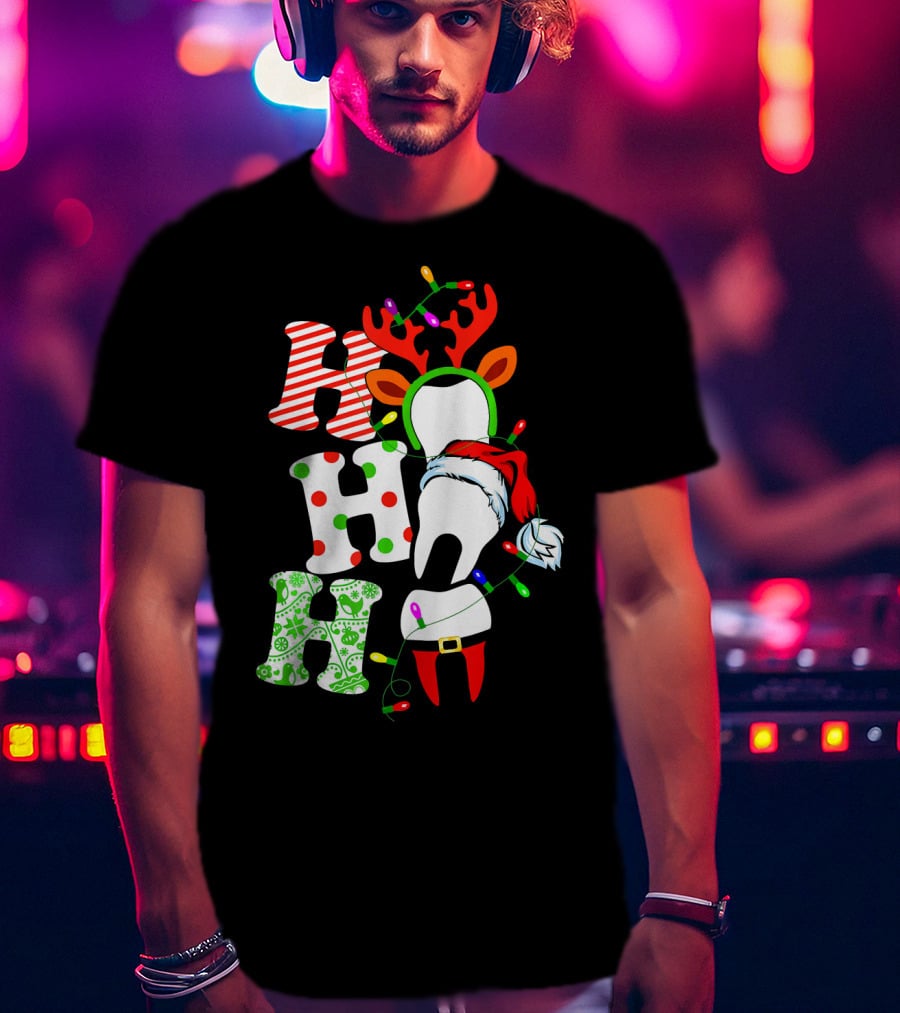 Ho Ho Ho Funny Santa Teeth Christmas Lights Reindeer Antlers T-Shirt