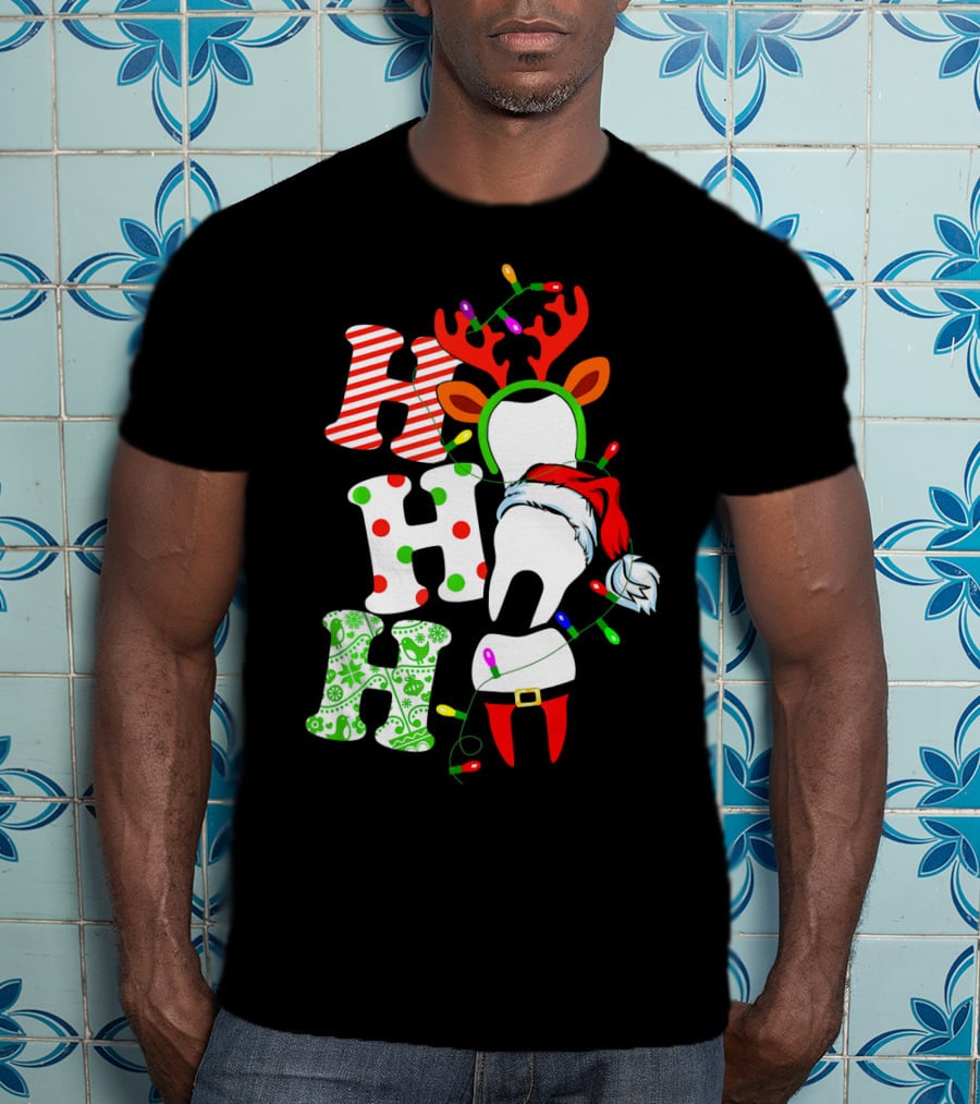 Ho Ho Ho Funny Santa Teeth Christmas Lights Reindeer Antlers T-Shirt