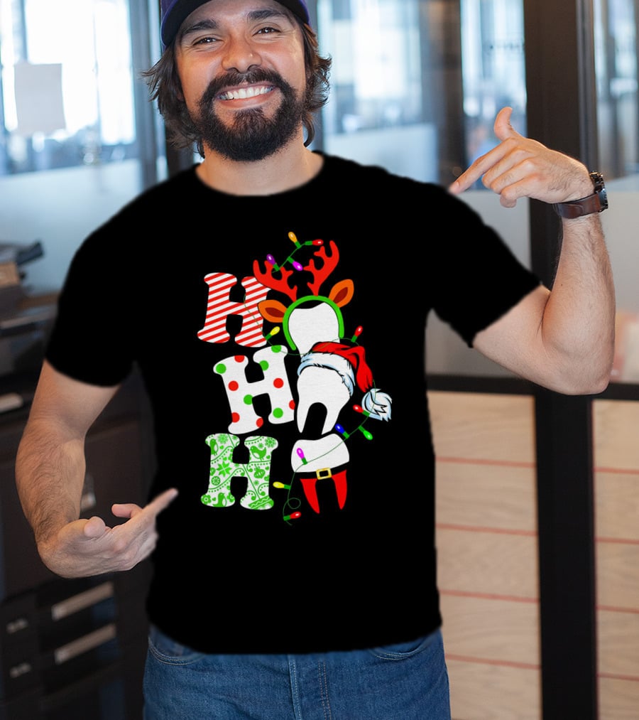Ho Ho Ho Funny Santa Teeth Christmas Lights Reindeer Antlers T-Shirt