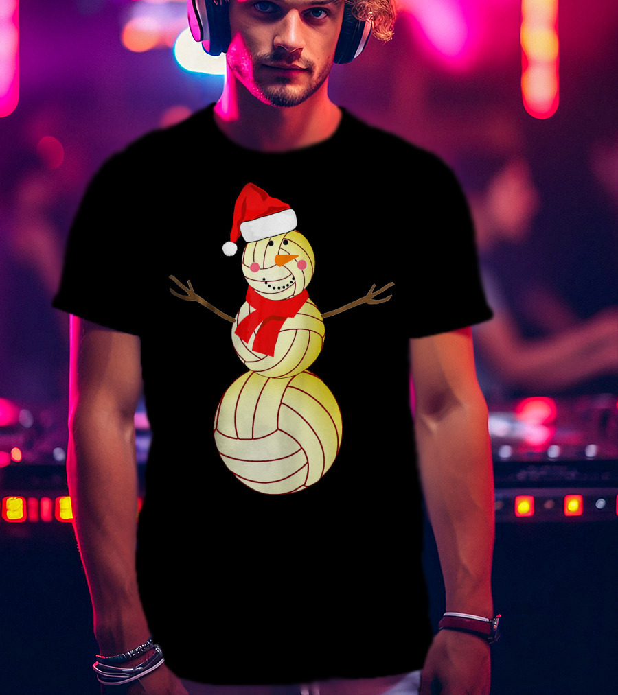 Funny Volleyball Snowman With Santa Hat And Scarf T-Shirt