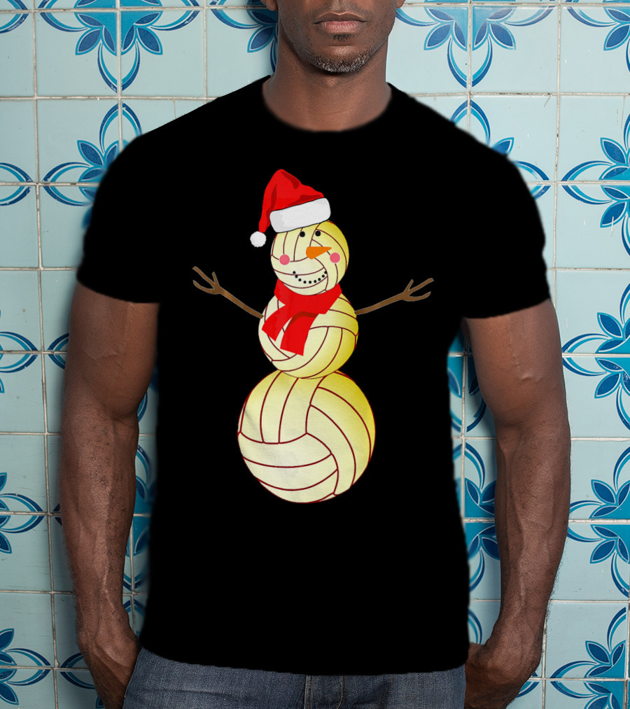 Funny Volleyball Snowman With Santa Hat And Scarf T-Shirt