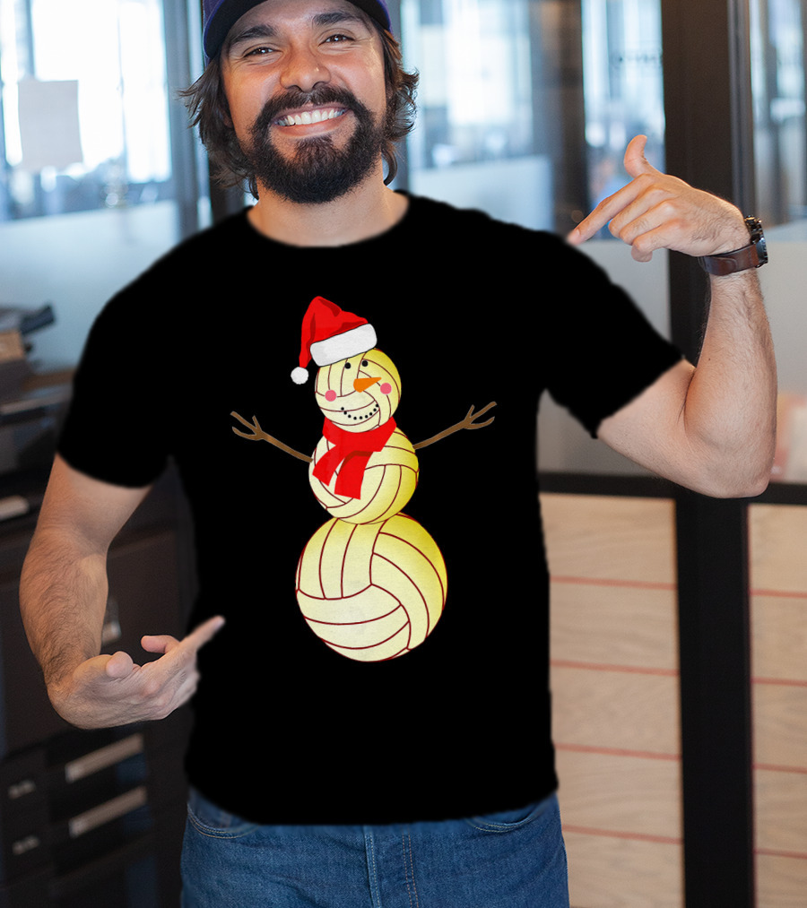 Funny Volleyball Snowman With Santa Hat And Scarf T-Shirt