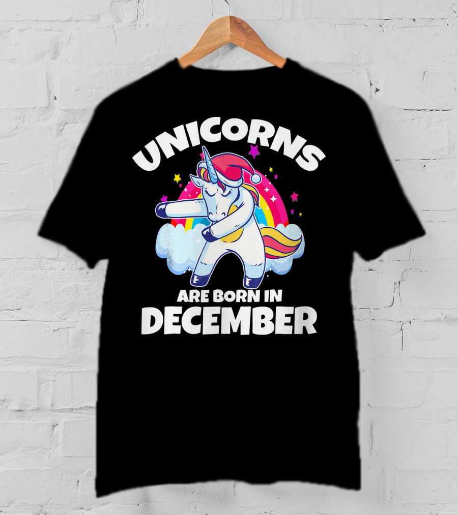 Unicorns Are Born In December Dabbing Unicorn Rainbow Stars Santa Hat T-Shirt
