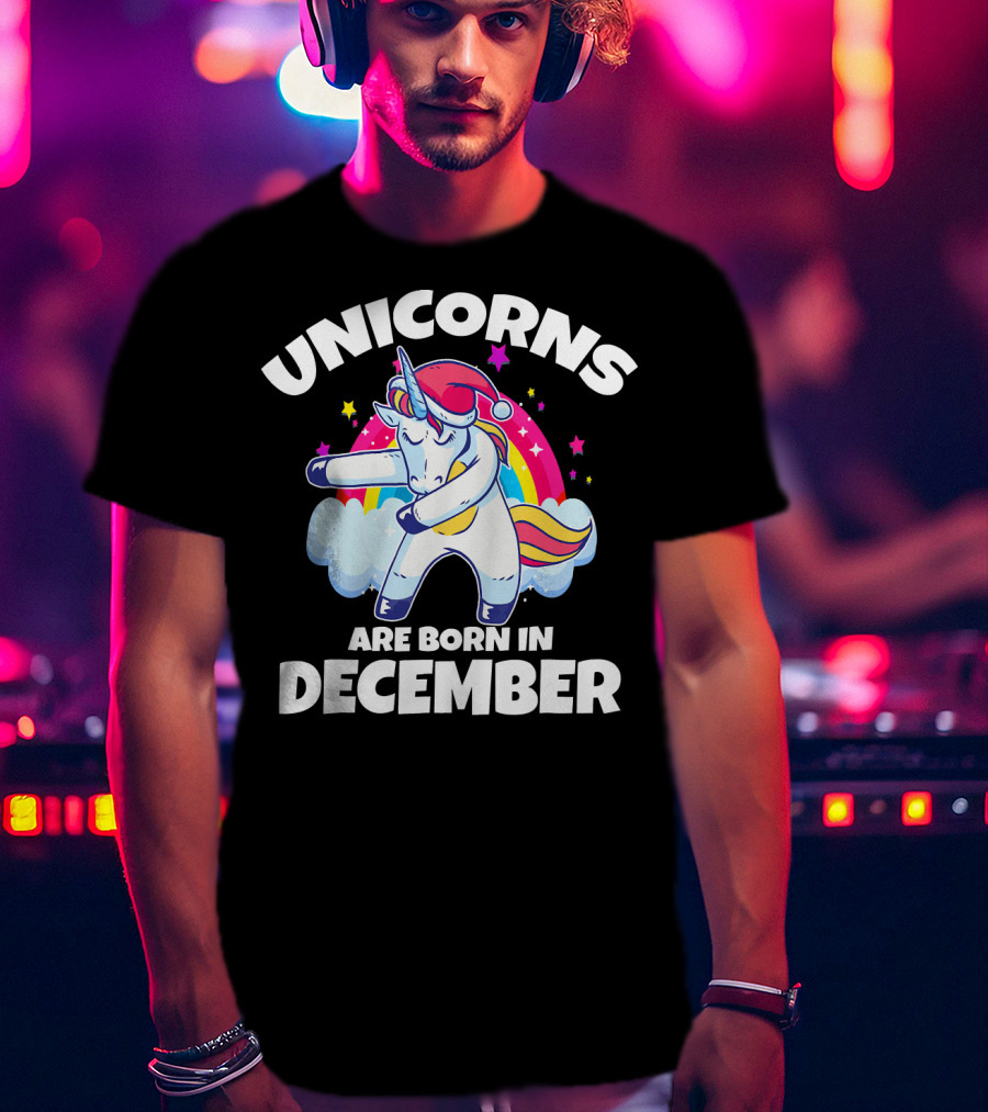 Unicorns Are Born In December Dabbing Unicorn Rainbow Stars Santa Hat T-Shirt