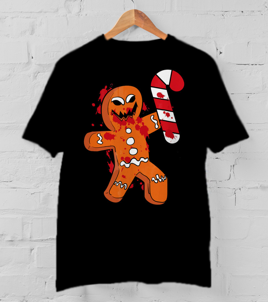 Christmas Horror Scary Gingerbread With Bloody Candy Cane T-Shirt