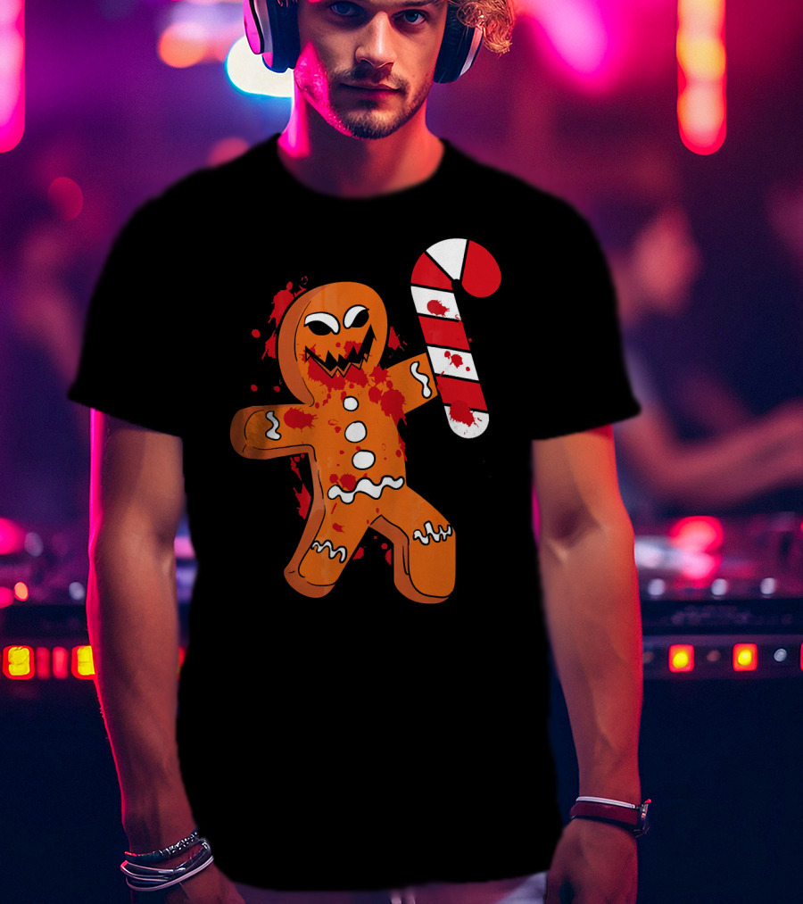 Christmas Horror Scary Gingerbread With Bloody Candy Cane T-Shirt