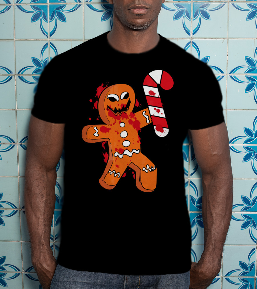 Christmas Horror Scary Gingerbread With Bloody Candy Cane T-Shirt