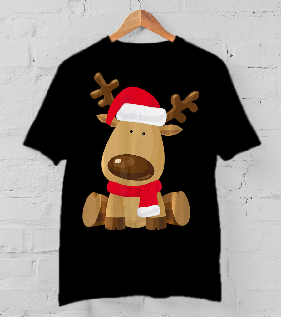 Adorable Festive Reindeer With Santa Hat And Scarf T-Shirt