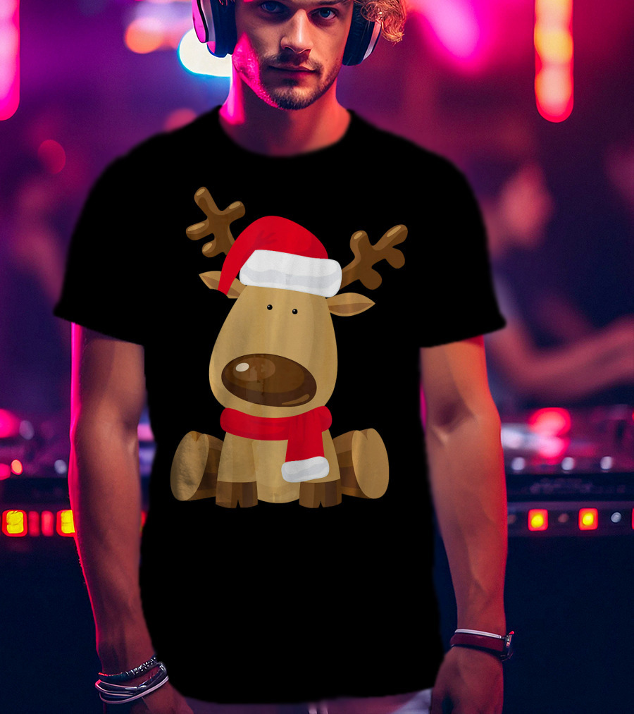 Adorable Festive Reindeer With Santa Hat And Scarf T-Shirt