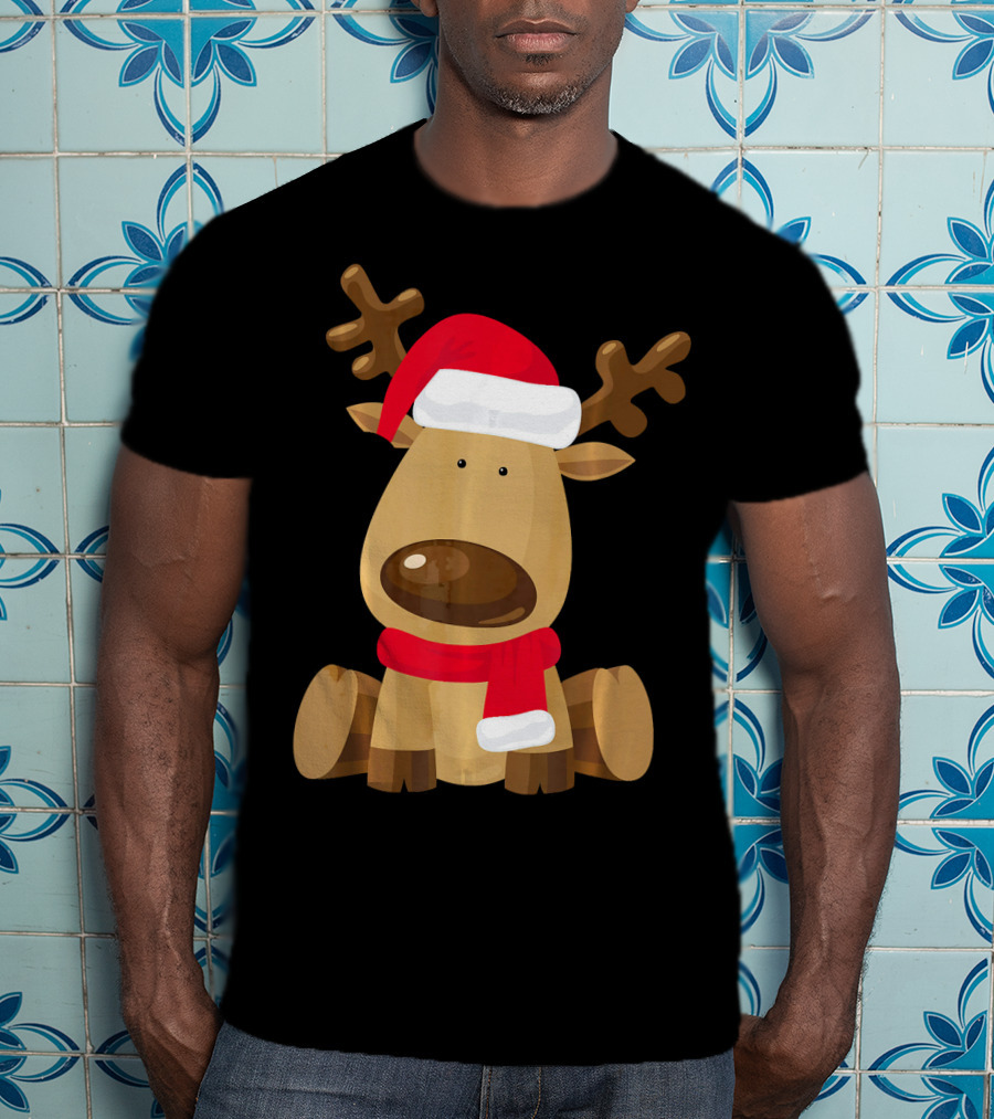 Adorable Festive Reindeer With Santa Hat And Scarf T-Shirt