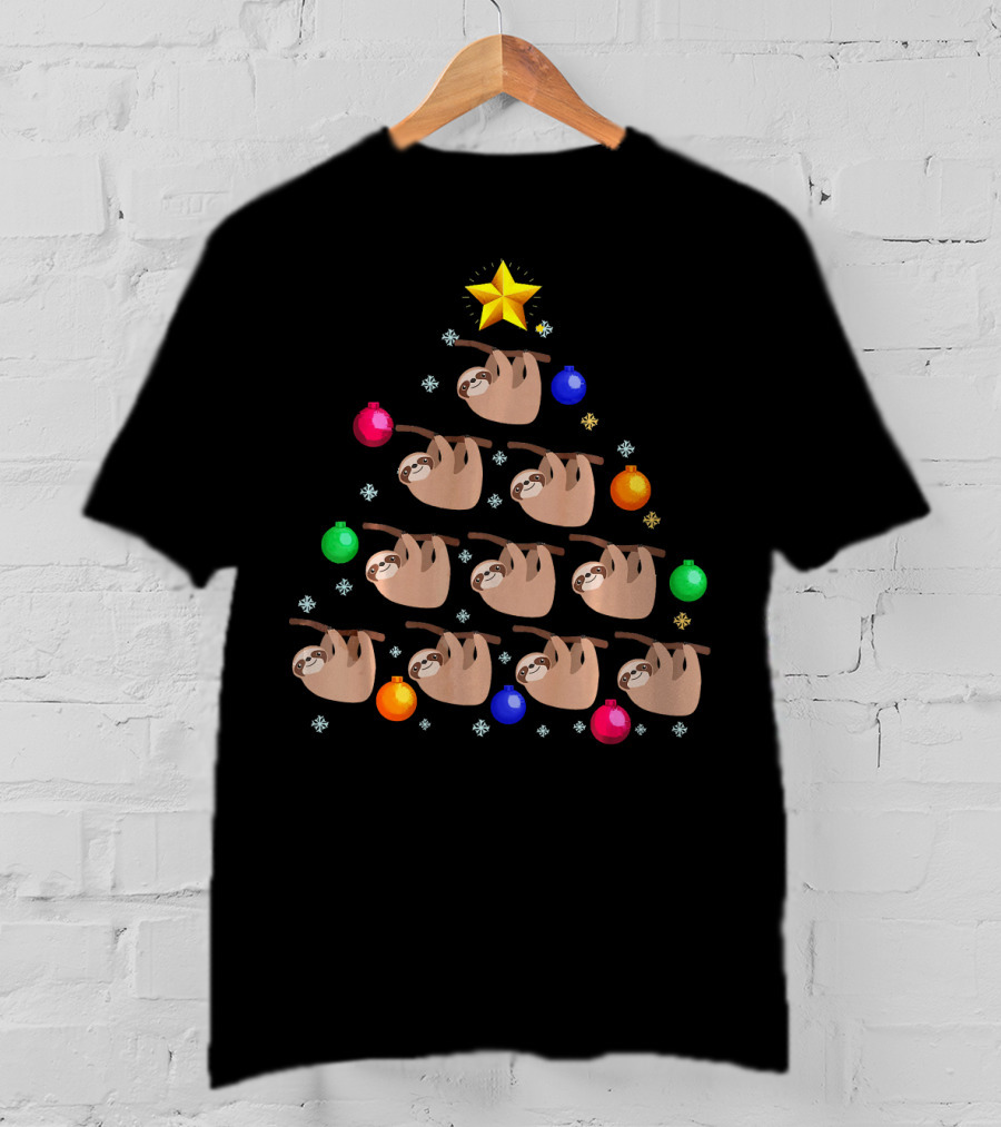 Sloth Hanging On Christmas Tree Ornaments With Star And Snowflakes T-Shirt