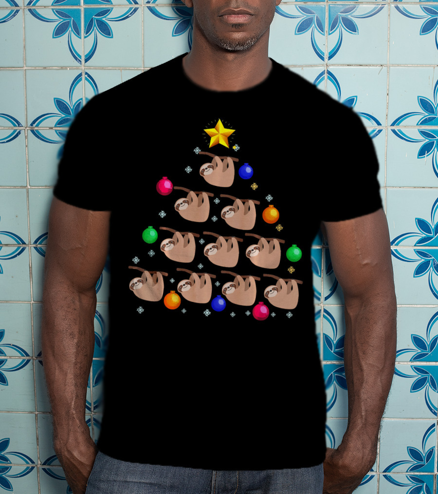 Sloth Hanging On Christmas Tree Ornaments With Star And Snowflakes T-Shirt