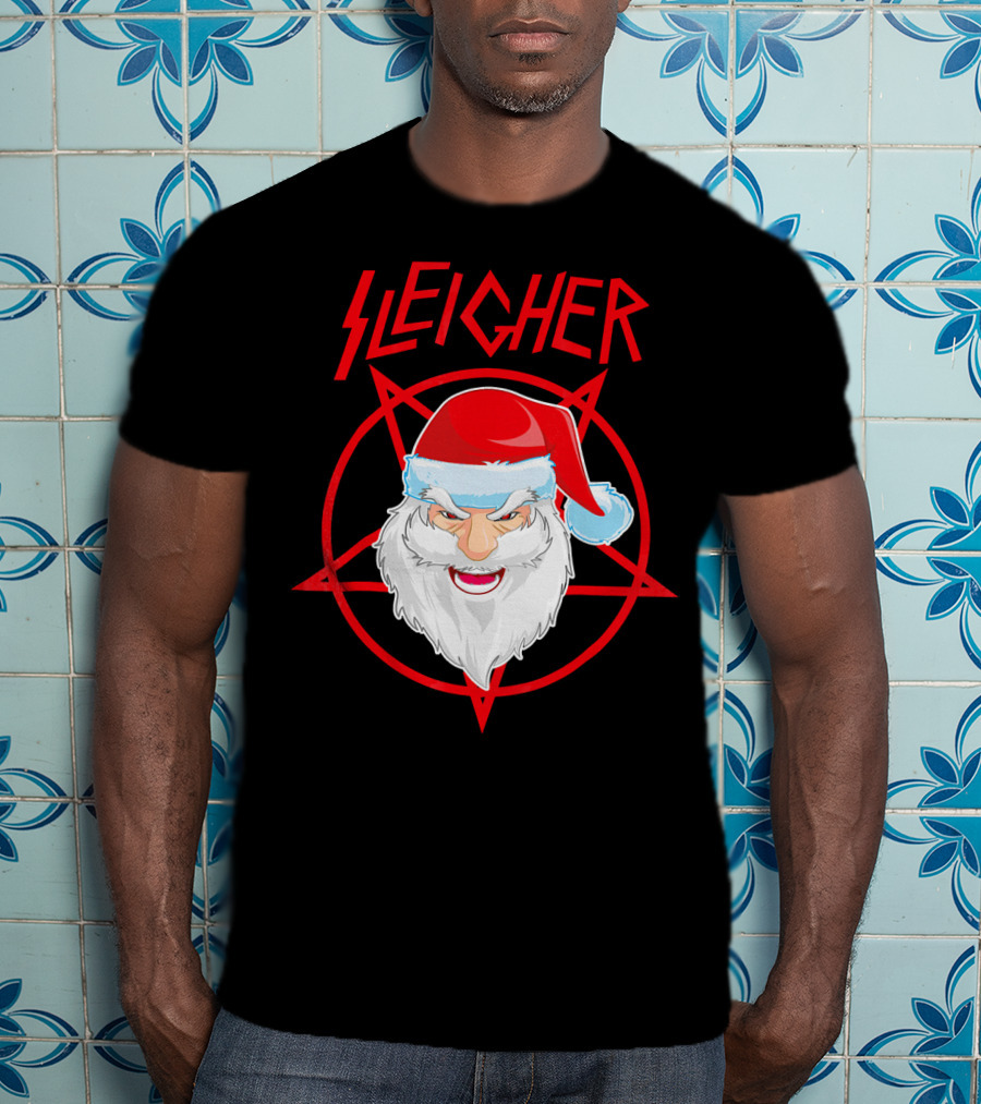 Sleigher Santa Claus Metal Christmas Coo Pentagram Santa Hat T-Shirt